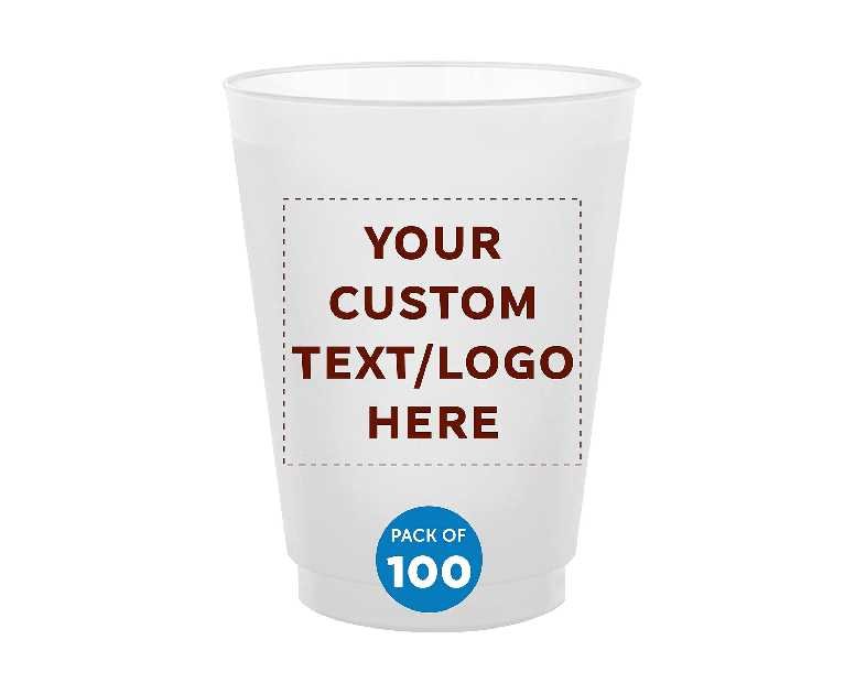 DISCOUNT PROMOS Custom Frosted Plastic Stadium Cups, 100 pack, Promotional Text, Logo, 16 oz. Shatterproof Flexible Reusable Party Cups, Natural