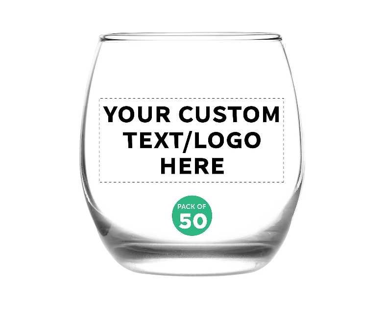 Custom Mikonos Stemless Wine Glasses 11.5 oz. Set of 50, Personalized Bulk Pack - Restaurant Glassware, Perfect for Red Wine, White Wine, Cocktails - Clear