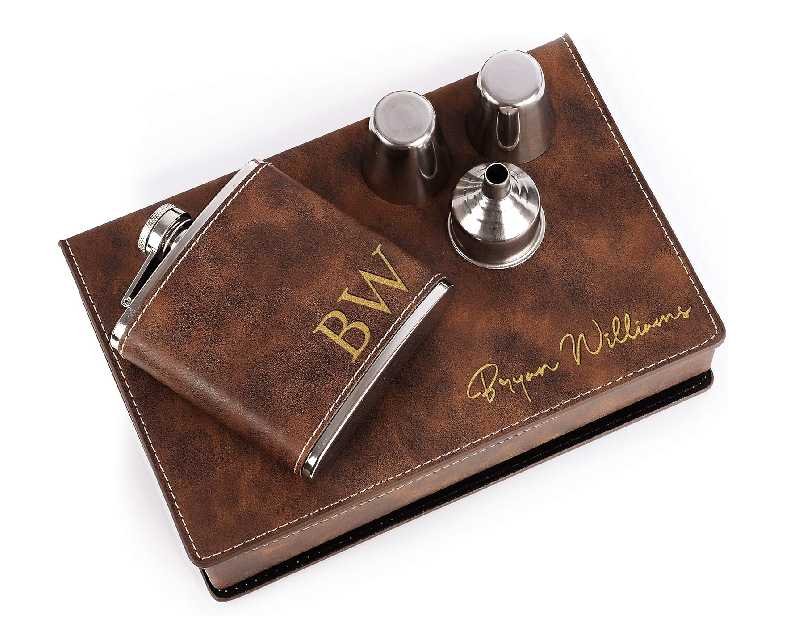Groomsmen Gifts for Wedding - Personalized Groomsmen Flask Gift Set w/Gift Box, Funnel and Shot Glasses, Bachelor Party, 6 oz. Custom Engraved Hip Flasks for Best Man and Groomsman Proposal, Rustic 1