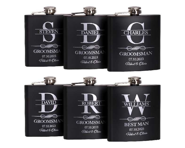 Set of 6, Groomsmen Gifts for Wedding | Personalized Groomsmen Flasks w/Optional Gift Box, Bachelor Party Team, 6 oz. Custom Engraved Hip Flasks for Best Man and Groomsman Proposal #3, Stainless Steel