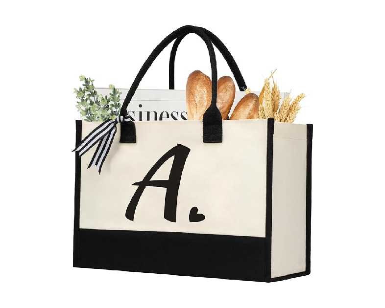 Initial Canvas Tote Bag, Personalized Beach Jute Bag Present for Women Holiday,Friends Birthday Gift,Wedding, New Year