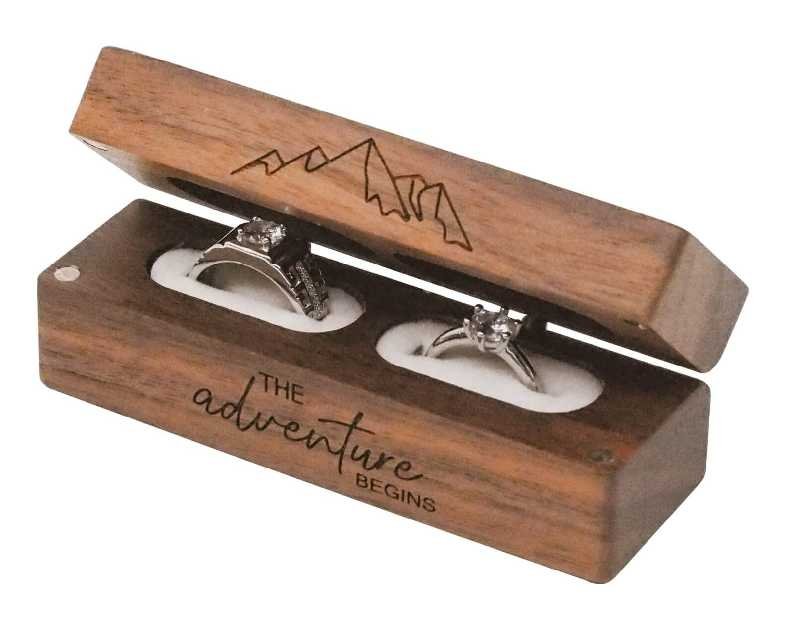 Engraved Flip Wooden 2 Ring box for wedding -Rustic Vintage Solid Wood rectangle Jewelry Storage Box