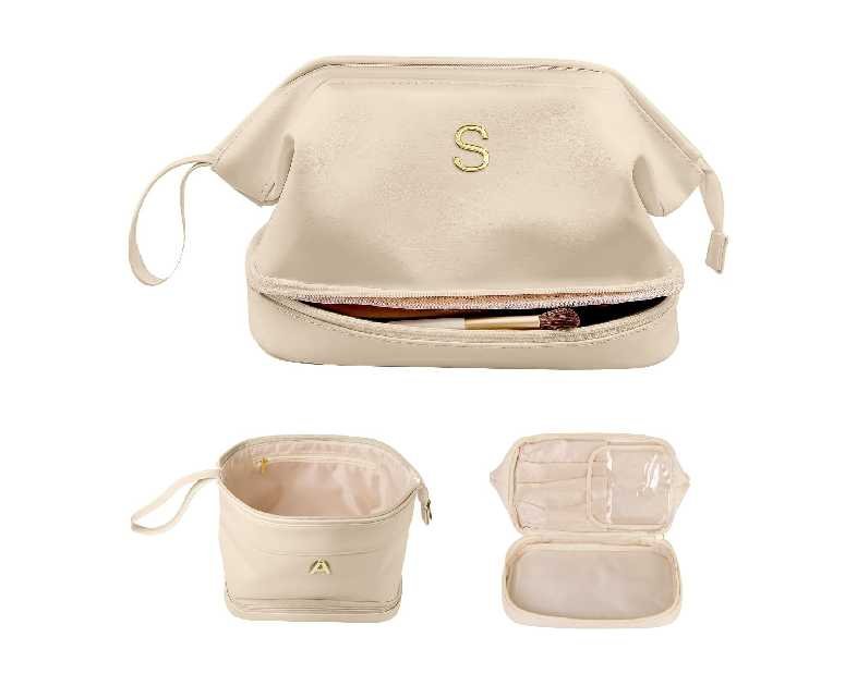 Bridesmaid Proposal Gifts, Makeup Bag, Personalized Double Layer Cosmetic Bag with Makeup Brush Organizer, Large Capacity PU Leather Travel Toiletry Bag Bride Gifts, Bridal Party Gifts