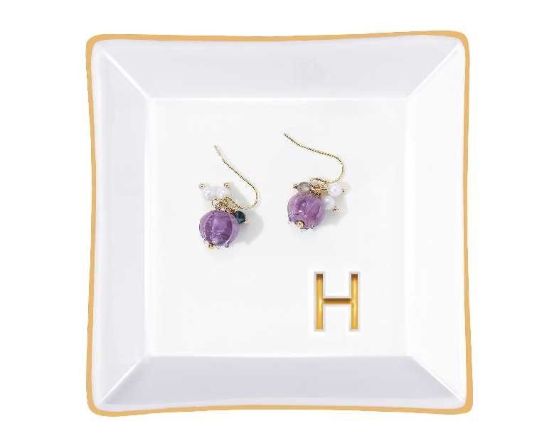 PUDDING CABIN Initial Ring Holder Jewelry Tray, Personalized H Monogrammed Wedding Gifts for Bride, Bridesmaid, Women, Birthday Christmas Gifts for Women Mom, Friends, Sisters