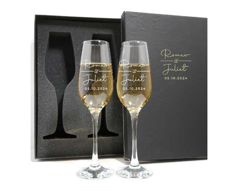 Personalized Champagne Flutes - Set of 2 - Custom Wedding Glasses - Bride & Groom Wedding Gifts for Mr & Mrs - Engagement, Bridal Shower, Anniversary, Gift for Couple - Valentines Day Gift - 6 Designs