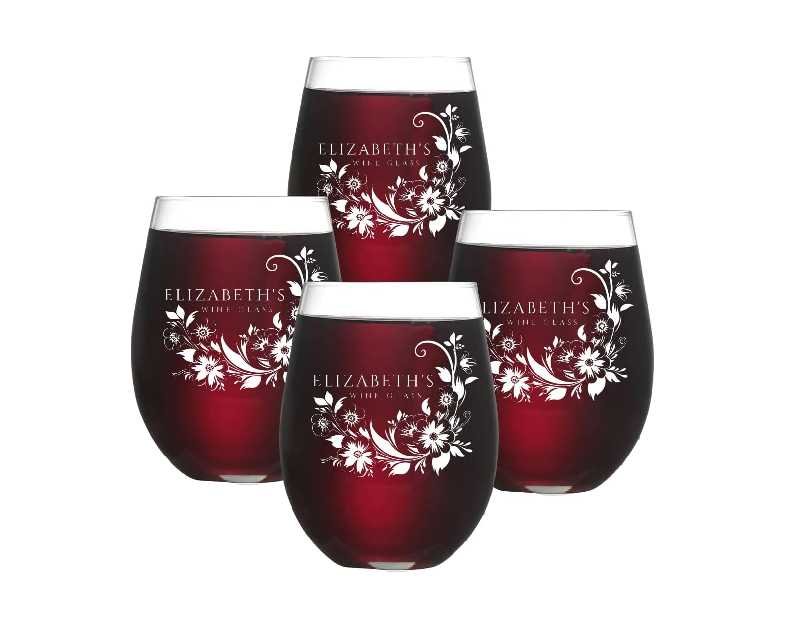 Set of 4 Custom Engraved Stemless Wine Glass - Personalized Monogrammed 15 oz, Made in the USA Glass Tumbler Cup for Her for Women Birthday Christmas Wedding Bridesmaid (4)