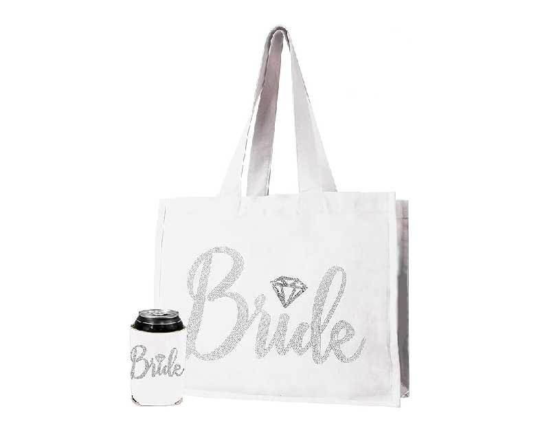 Giant Canvas Bride Tote Bag - 18" x 14" Diamond Motif Rhinestone Totes - Bridal Shower Gifts and Wedding Accessories