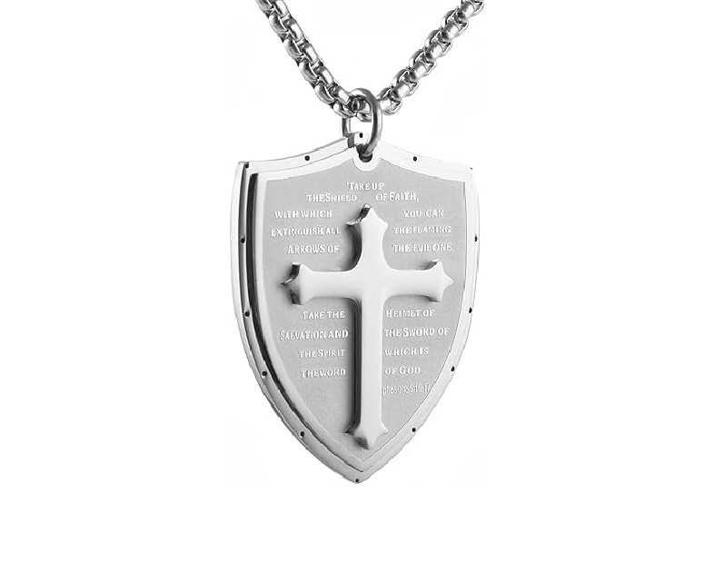 HZMAN Shield Armor of God Ephesians 6:16-17, Faith Cross Stainless Steel Pendant Necklace
