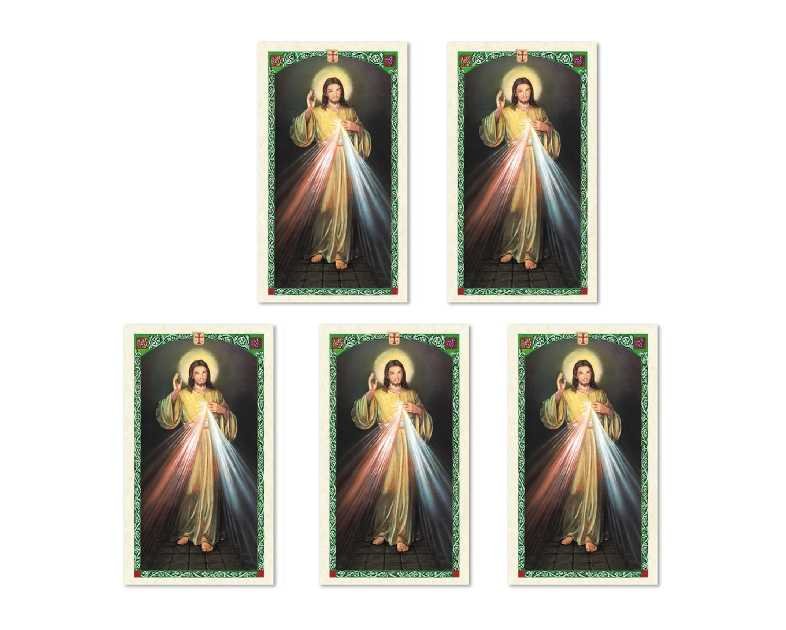 Holly Lines Five-Pack Divine Mercy Image Laminated Holy Cards with Full Chaplet, Pack of Five Detailed Color Divine Mercy Holy Prayer Cards with St. Faustinas Chaplet Prayer for Religious Gifts