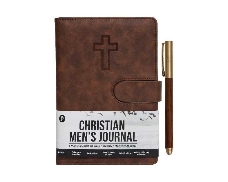 Prazoli Leather Christian Bible Prayer Journal For Men - Study Scripture Notebook & Planner Daily Devotional Undated | Religious Jesus Faith Gifts for Graduation, Pastor Baptism & Church, Cross
