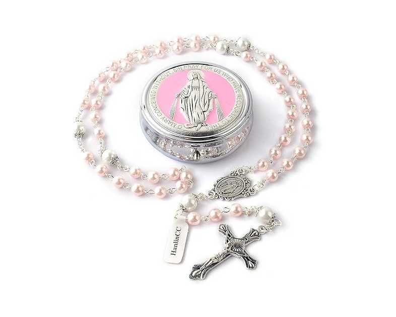 HanlinCC 6mm Glass Pearl Beads with 8mm Our Father Beads with Caps Rosary Pack in Miraculous Metal Gift Box
