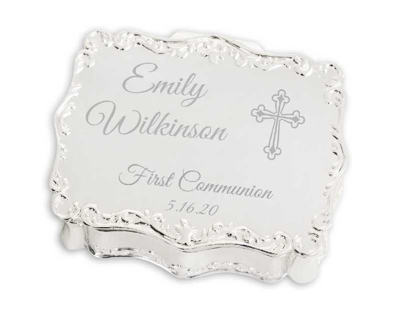 Cherished Moments Personalized Small Rectangle-Shaped Jewelry Box with Custom Engraved Name and Cross for First Communion Gift, Silver Toned