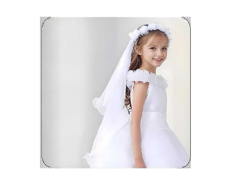 Lystaii Girls Bowknot Rhinestone Flower Veil Girls First Holy Communion Headband Hair Wreath Floral Crown Pearls Crystal Lace Headpiece Veil White for Wedding Party