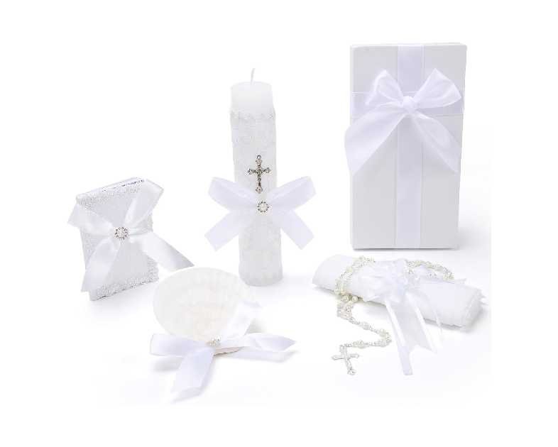 Baptism Candle Set for Boys and Girls,White 5 PCS Baptism Kit Catholic Candle,Baptismal Towel,Shell,Rosary,Bible for Baptismal Christening First Communion Gift,Velas para Bautizo De Niño o Niña