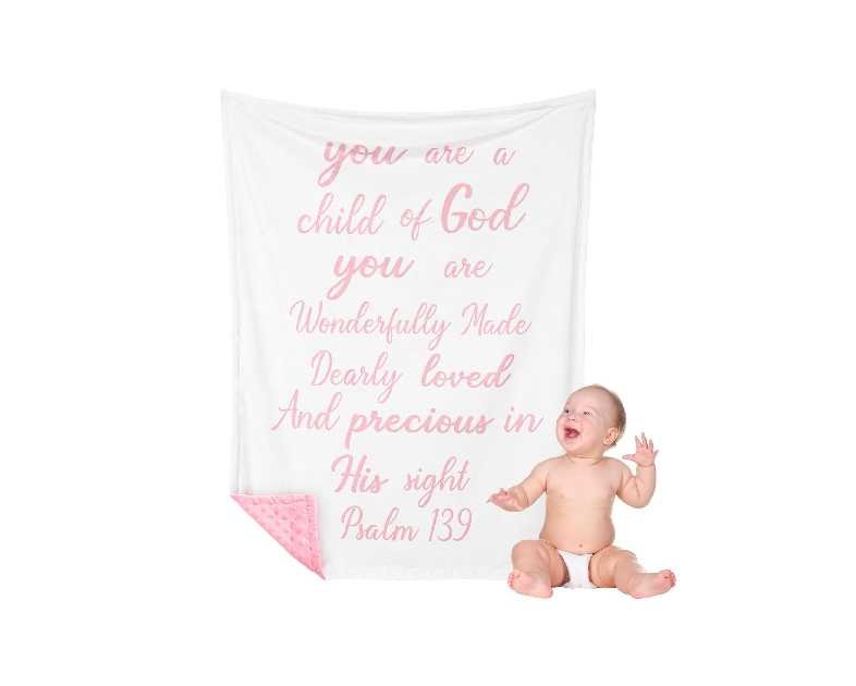 Rtteri Christian Gift for Baby Plush Baby Blanket with Dotted Backing First Communion Gift Baptism Blanket Scripture Swaddle Bible Verse for Newborn Boy Girl Christening Godchild Gift(Pink and White)