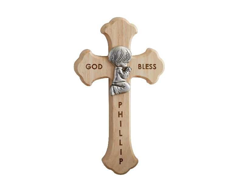 Personalization Universe Prayerful Boy Engraved Wood Cross, Baptism & First Communion Keepsake Wall Decor, Christian Wall Art, Home Decor Wall Cross - 8" x 4.5" Oak Wood & Zinc Alloy
