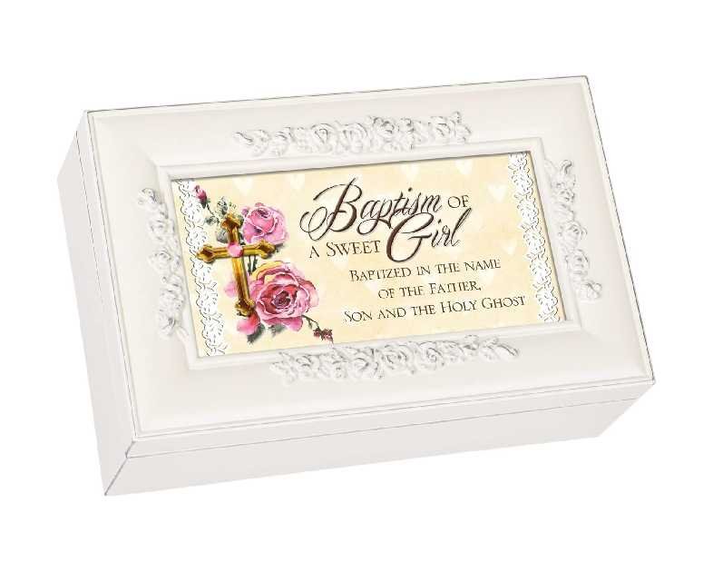 Cottage Garden Baptism of a Sweet Girl Matte Ivory Rose Petite Music Box Plays Jesus Loves Me