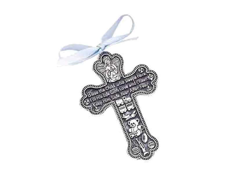Bless The Child - GUARDIAN ANGEL Baby BOY Crib Cross PEWTER Medal/CHRISTENING/BABY SHOWER Keepsake/Baptism KEEPSAKE/with BLUE RIBBON