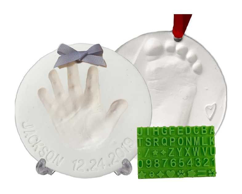 Baby Handprint Footprint Keepsake Ornament Kit (Makes 2) - Bonus Stencil for Personalized Christmas, Newborn, New Mom & Shower Gifts. 2 Easels! Non-Toxic Clay, Air-Dries Light & Soft, Won't Crack.