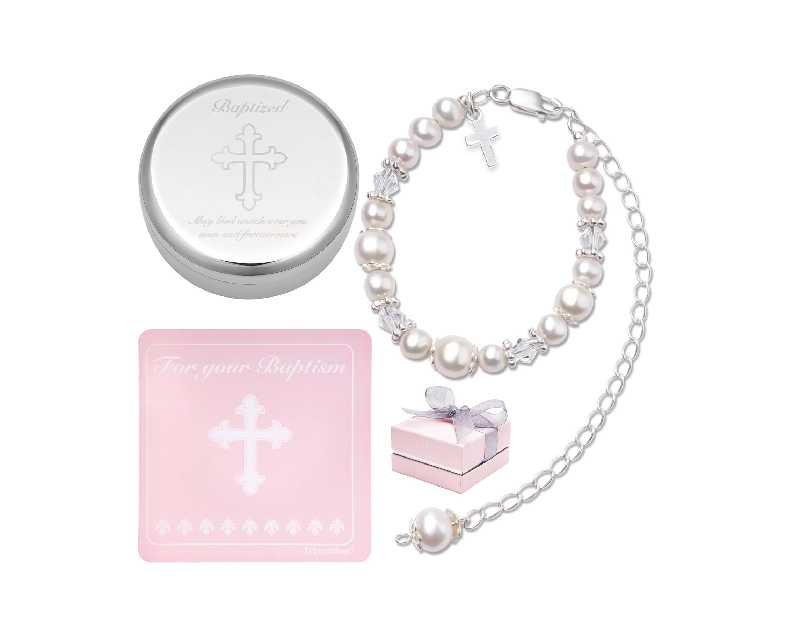 Baptism Bracelet in Sterling Silver and Cultured Pearls for Baby Girls, with Silver-plated Jewelry Keepsake Box, Great Catholic Christening and Baptism Gifts for Girl
