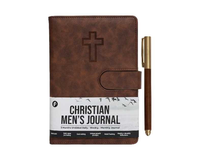 Prazoli Leather Christian Bible Prayer Journal For Men - Study Scripture Notebook & Planner Daily Devotional Undated | Religious Jesus Faith Gifts for Graduation, Pastor Baptism & Church, Cross