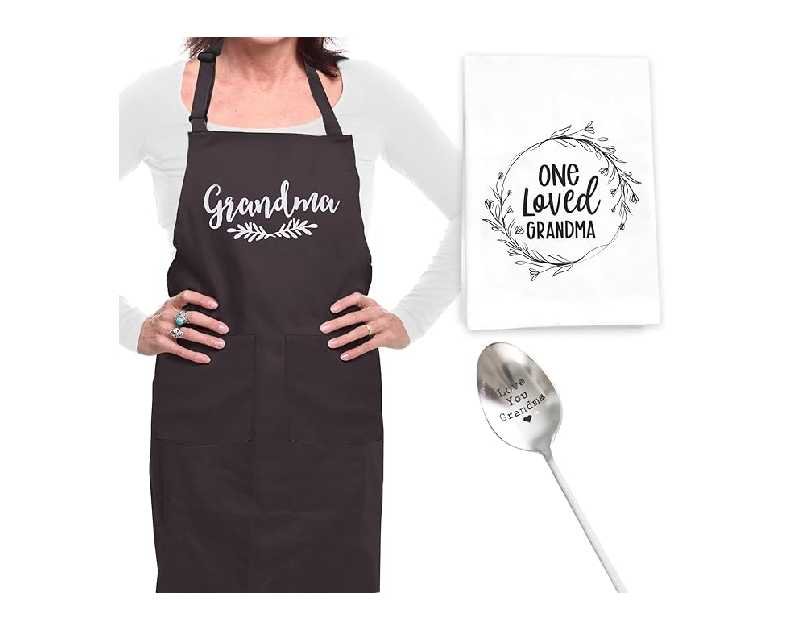 Grandma Gifts Set – 3Pc.,100% Cotton Grandma Apron with Matching Tea Towel and Engraved, Stainless Steel Tea Spoon – Great Grandmother Gifts for Grandma, Mothers Day or Grandma Birthday Gifts