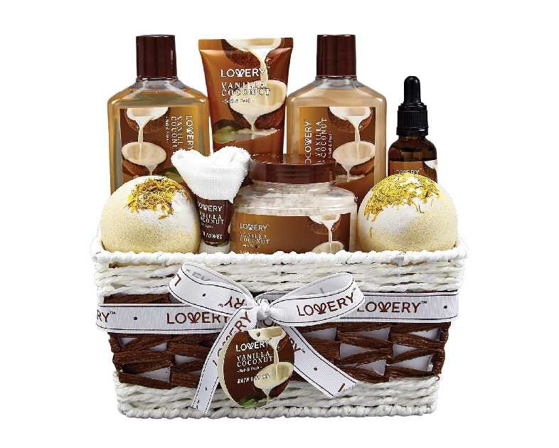 Gifts For Women Gift Basket for Women– 9 Piece Christmas Gifts Set of Vanilla Coconut Home Spa Set, Includes Fragrant Lotions, Extra Large Bath Bombs, Coconut Oil, Luxurious Holiday Bath & Body Sets