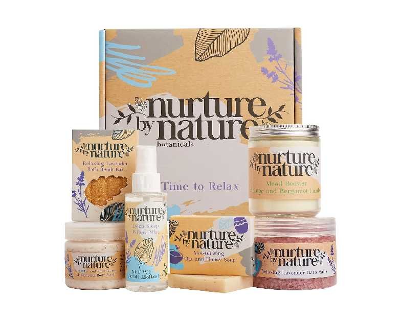 Nurture by Nature RELAX & CALM Spa Kit - Birthday Gifts for Women - Spa Gift Baskets For Women, 6-in-1 Self Care Kit, Bath Sets Gift - Lavender Pillow Mist, Bath Salts, Body Scrub, Bath Bomb