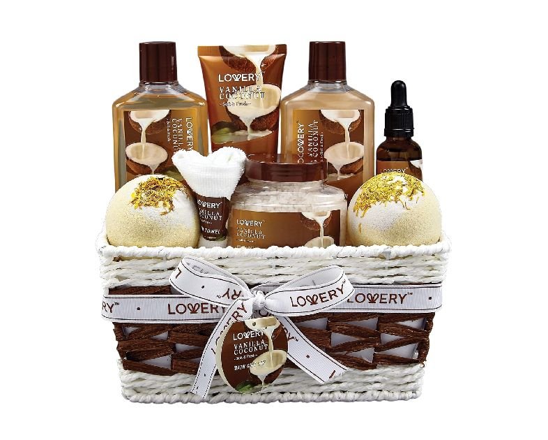 Gifts For Women Gift Basket for Women– 9 Piece Christmas Gifts Set of Vanilla Coconut Home Spa Set, Includes Fragrant Lotions, Extra Large Bath Bombs, Coconut Oil, Luxurious Holiday Bath & Body Sets