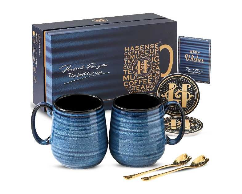 HASENSE Coffee Mugs Gift Set, 20 oz Ceramic Coffee Cups for Men and Women, Premium Large Tea Cups Gift Box with Coaster & Gold Spoon, Blue Couple Mugs for Christmas Thanksgiving