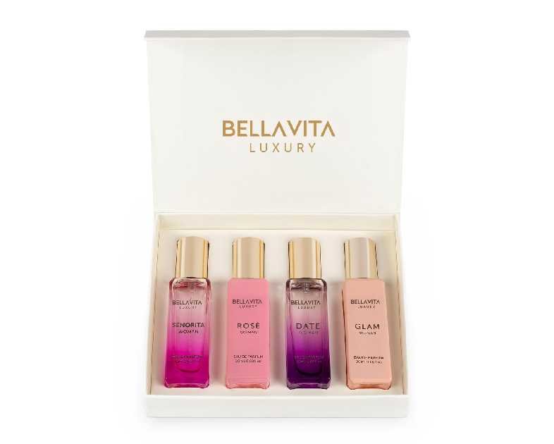 BellaVita Luxury Women's Perfume Gift Set (4x20ml) | Notes of Floral, Sweet, Spicey Red Fruit, Vanilla & Musk | DATE, SENORITA, GLAM & ROSE | French Parfum Collection Gift Set
