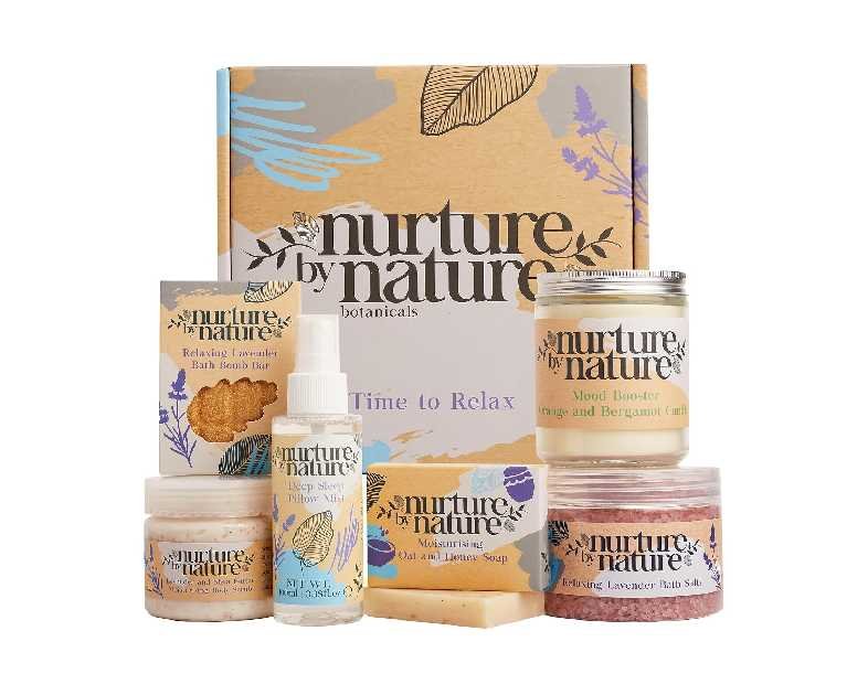 Nurture by Nature RELAX & CALM Spa Kit - Birthday Gifts for Women - Spa Gift Baskets For Women, 6-in-1 Self Care Kit, Bath Sets Gift - Lavender Pillow Mist, Bath Salts, Body Scrub, Bath Bomb
