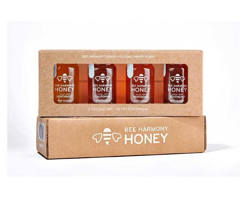 Bee Harmony Coast-to-Coast Honey Flight, Mini Honey Gift Set, 4 Jars, 3 OZ Each, Premium, Raw, Made in the USA