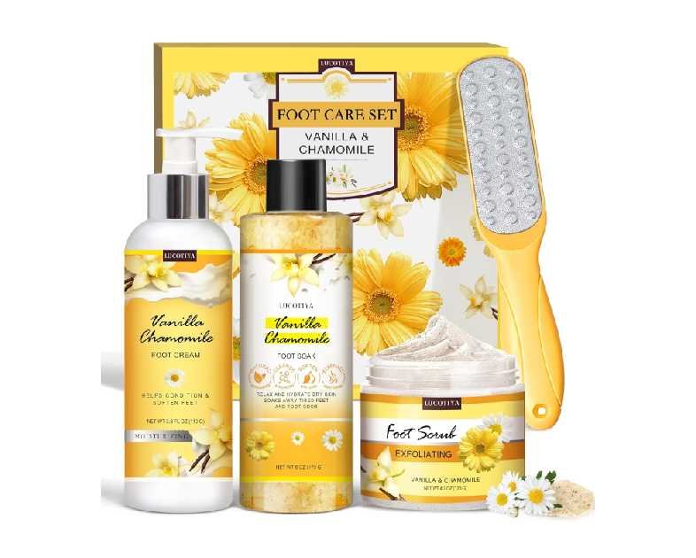 LUCOTIYA Foot Soak Set Pedicure Kit, Vanilla chamomile Foot Soak Salts,Foot File,Foot Scrub & Urea Foot Cream,Pedicure Supplies for Dry Cracked Feet for Women