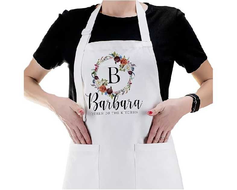 Personalized Kitchen Aprons Floral Initial Design w/Name Text - Customized Women Cooking Apron w/Pockets Custom Chef White Gifts for Baking Bbq Grill Funny Mujer Cocina Delantal C1, Standard