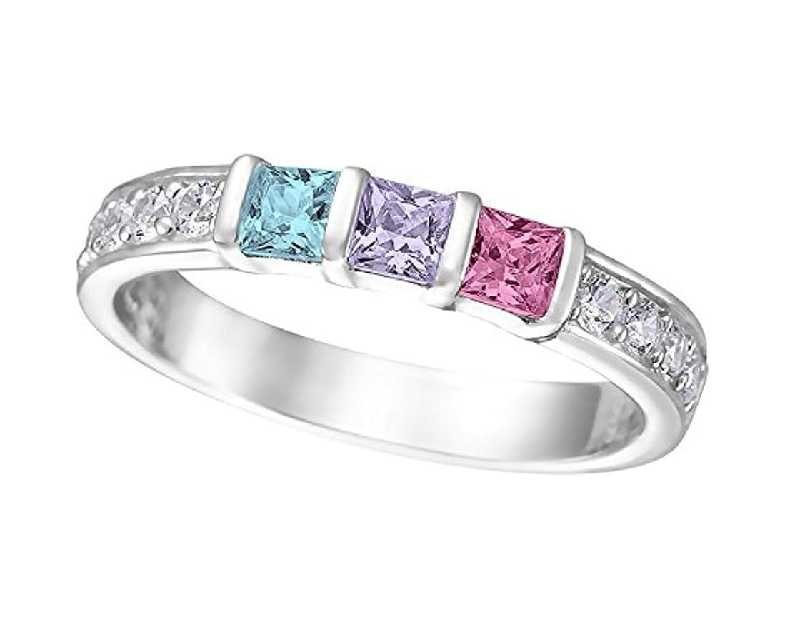Central Diamond Center Princess w/Sides Mothers Rings with 1 to 6 Simulated Birthstones, Sterling Silver, 10K or 14K Gold