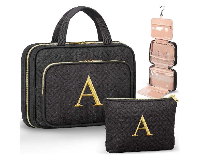 Personalized Gifts for Women, Initial Toiletry Bag Hanging Travel Organizer & Makeup Cosmetic Bag with Embroidery Letter Teacher Appreciation Gift Birthday Mothers Day Gifts for Mom Wife Friend Sister