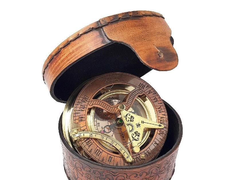 Brass Nautical - Antique Brass & Copper Sundial Compass, Sundial Clock in Box Gift Sun Clock Ship Replica Watch