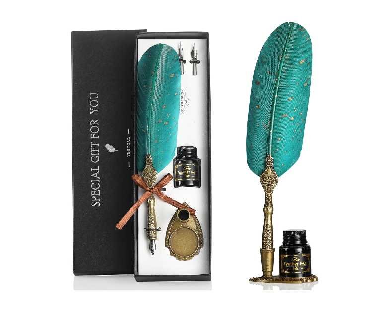 VANGOAL Vintage Green Feather Pen and Ink Set, Classic Series Goose Quill Pen with Carving Pen Stand, Calligraphy Pen Nibs, Black Dip Pen Ink, Antique Writing Gift for Writer