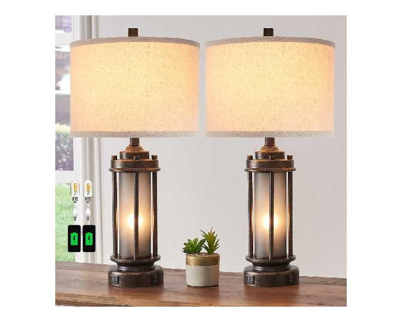 Set of 2 Farmhouse Lamps for Living Room, Rustic Vintage Bedroom Nightstand Table Lamp with 2 USB Charging Ports, Built-In Frosted Glass Night Light for End Table Entryway, 4 Bulbs Included (Bronze)