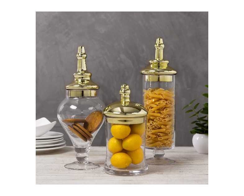MyGift 3 Piece Set Antique Clear Glass Bathroom Apothecary Jars with Lid, Wedding Centerpiece, Kitchen Storage Jars with Metallic Brass-Tone Lids