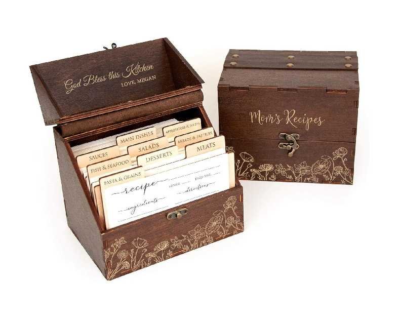 Personalized Recipe Box with Wooden Dividers - Gift for Mom - Gift for Grandmother - Engraved Recipe Card Box - Custom Recipe Box with Cards 4x6 - Wood Kitchen Décor - Wedding Bridal Shower Gift