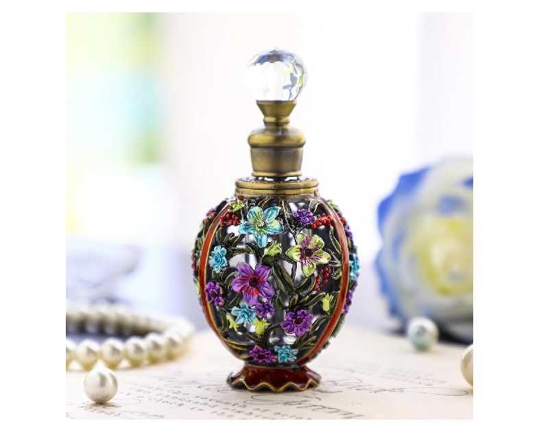 YU FENG Vintage Flower Glass Perfume Bottle Empty Refillable Painted Enameled Decorative Crystal Perfume Holder Container Scent Bottle(6ml)