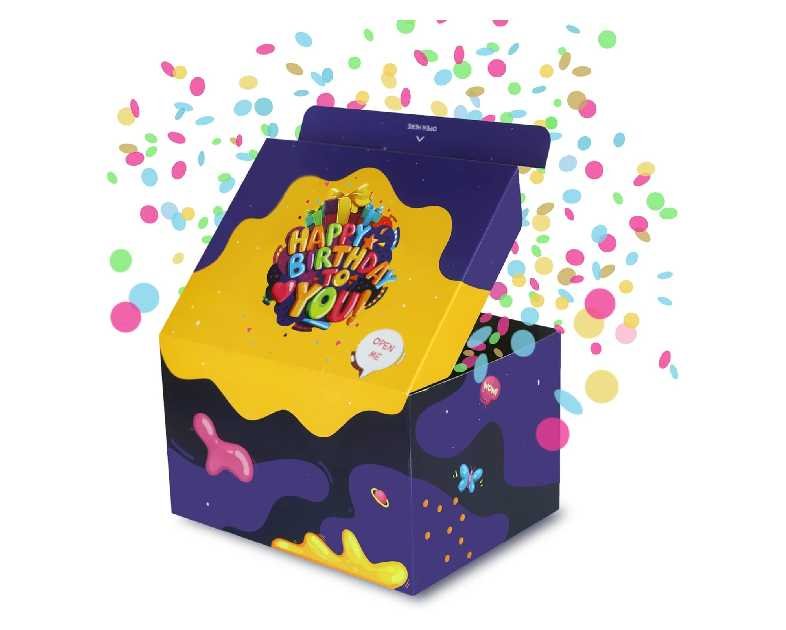 FETTIPOP Gift Box DIY (Premium Purple), Gift Box Exploding Confetti - Happy Birthday, Surprise Prank Box Pop Up 7.2x5.5x4.3 in.