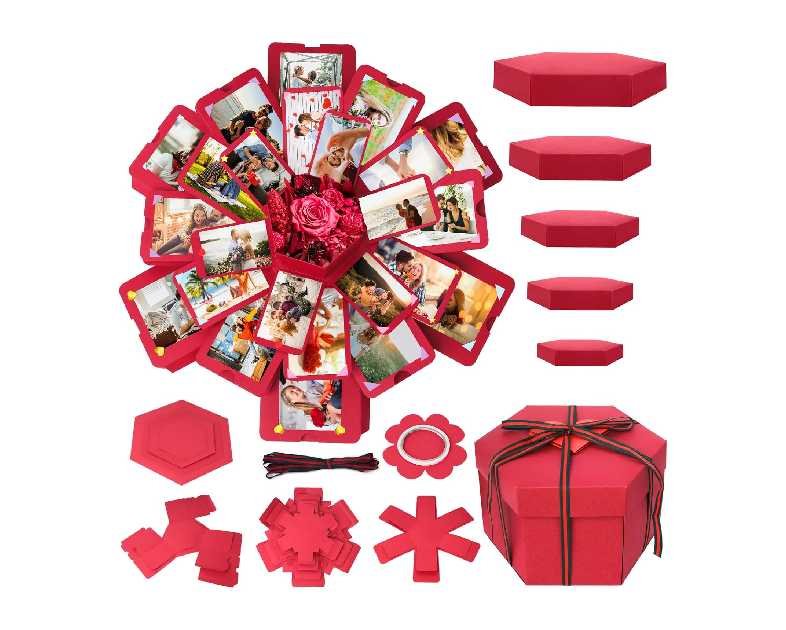Koogel Explosion Gift Box, Red Surprise Picture Love Box with DIY Scrapbooking Accessories Exploding Photo Album for Anniversary, Birthday, Wedding