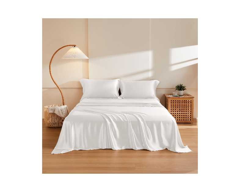 THXSILK Silk Sheet Set 4Pcs, 6A+ Top Grade 100% Natural Mulberry Silk Bed Sheets Luxury Bedding Sets Ultra Soft Durable, 1 Fitted Sheet, 1 Flat Sheet and 2 Pillow Shams (Queen, Pearl White)