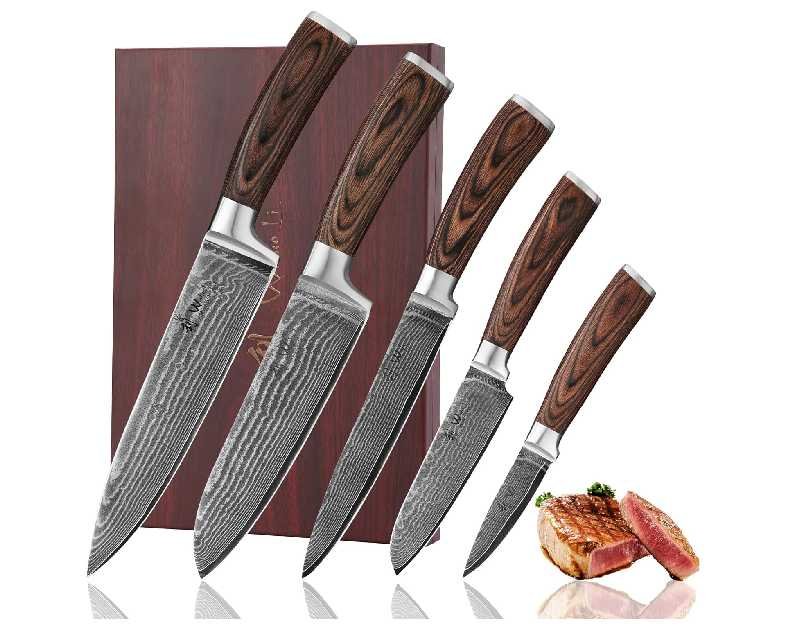 Wakoli EDIB 5-Piece Damascus Knife Set – Japanese Style Professional Kitchen Knives | Genuine Damascus Steel Blades with VG10 Core | Ergonomic Pakkawood Handles | Premium Chef Knife Set