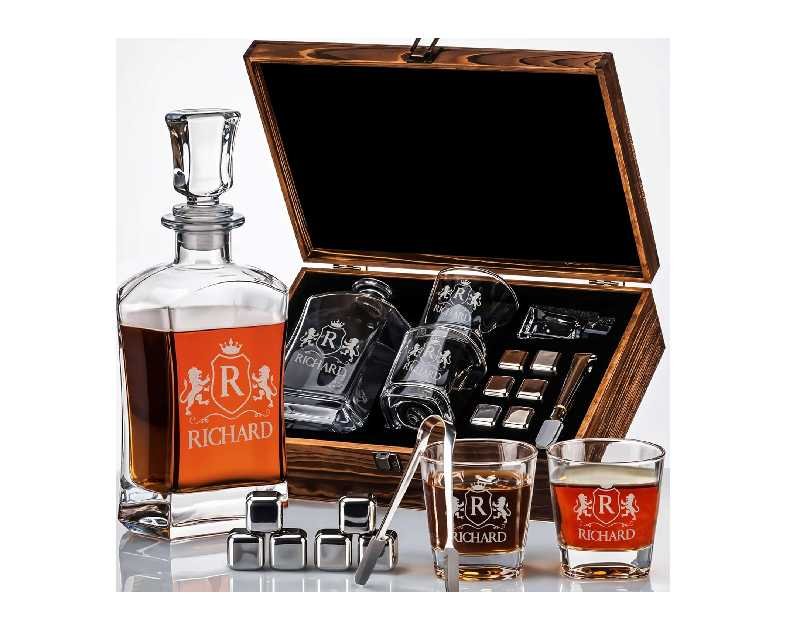 Custom Engraved Monogram Whiskey Decanter Gift Set – 23 oz Liquor/Bourbon Decanter with Glasses, Whiskey Stones & Tongs – Premium Whiskey Gift for Men, Husband, Dad, or Boyfriend