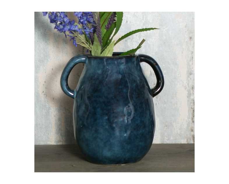 Blue Ceramic Vase with 2 Handles, Modern Farmhouse Decor, Rustic Terracotta Pottery, Decorative Flower Vases, Clay Small Vase, Centerpiece for Dining Table - 7 Inch Tall