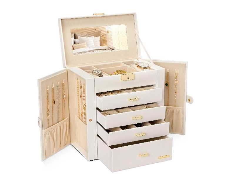 Homde Synthetic Leather Huge Jewelry Box Mirrored Watch Organizer Necklace Ring Earring Storage Lockable Gift Case (White + Gold)